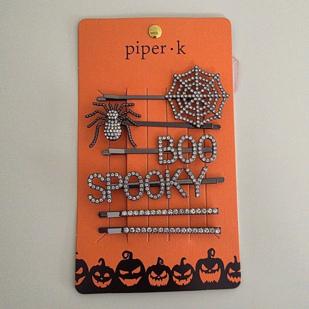 PIPER K Crystal Halloween Bobby Pins | Large Size | Boo Spooky Spider Web NEW